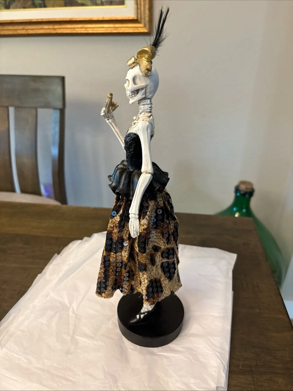 Bella Lux Halloween Skeleton Bow Mask Lady Figurine Leopard Sequin Dress